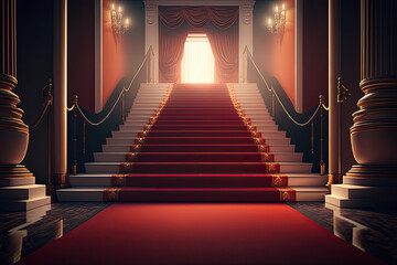 Red carpet on stairs indoors with curtains. Illustrations AI generator