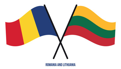 Romania and Lithuania Flags Crossed And Waving Flat Style. Official Proportion. Correct Colors.