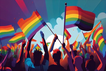 Generative AI illustration, Crowd Waving Rainbow Flags At Pride Parade - 571048440