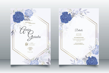 Romantic Wedding invitation card template set with blue floral leaves Premium Vector