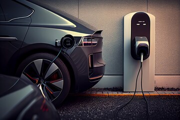 Electric car charging in the city, industrial landscape, neon elements, healthy environment without harmful emissions. Eco concept. generative AI