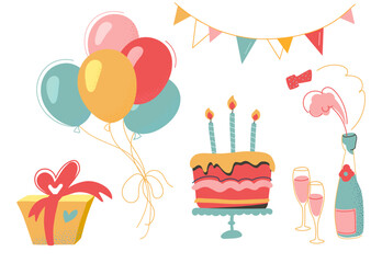 Vector set of elements for the holiday Birthday party. Decorative set with balloons, bunting, champagne, glasses, cake with candles, gift. Isolated on white background