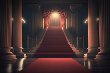 Red carpet on stairs indoors with curtains. Illustrations AI generator