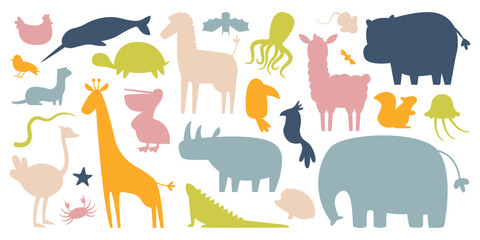 Cartoon animal silhouettes flat icons set. Abstract design of mammals. Shapes of hippo, zebra, octopus, hedgehog