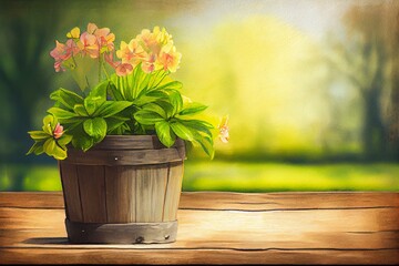  flower pot on wooden plank, watercolor style AI Generated