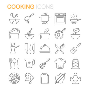 Cooking tools line icons set. Kitchen utensils for food preparation.Kitchen equipment. Knives, steel pan, frying pan