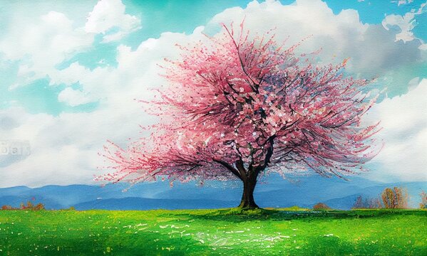  Blossoming cherry sakura tree on a green field with a blue sky and clouds, watercolor style AI Generated