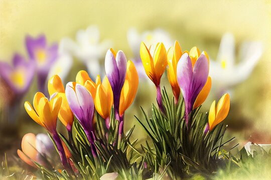  crocuses in spring time with soft beautiful background, watercolor style AI Generated