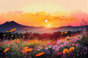  Sunset over mountain with colorful cosmos fields, watercolor style AI Generated