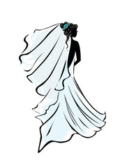 Bride in blue-white wedding dress. Logo for beauty salons, stylish boutiques Vector picture.  Silhouette of beautiful bride in dress.  Beautiful young girl in a wedding dress