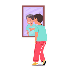 Youngster Looking Into a Mirror Reflective Surface, Observing his Appearance, Displaying Expression Of Marvel, Disbelief