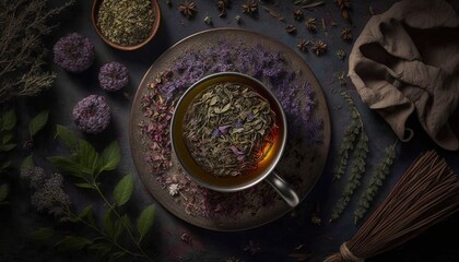 Fototapeta na wymiar a cup of green tea surrounded by dried herbs and lavenders on a plate with a spoon and a cloth on the side of the table. generative ai
