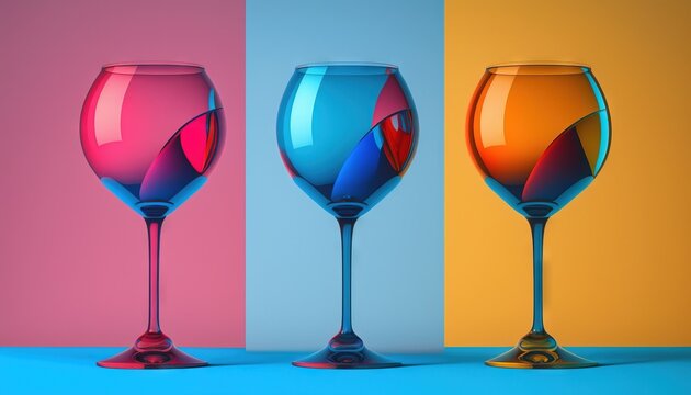  three different colored wine glasses sitting side by side on a blue, pink, yellow, and orange background with a blue bottom and bottom.  generative ai