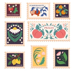 Deurstickers Modern Stamps With Fruits And Flowers Designs. Postmarks With Pomegranate, Orange Or Mandarin, Strawberry, Lemon © Hanna Syvak