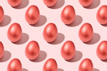 Luxury Easter eggs on pink background. Seamless pattern, Isometriy geometric, minimal style. Metallic pink color.