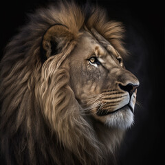 Portrait of a male lion with dark mane, closeup. Generative AI