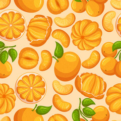 Seamless Pattern Features Bright Orange Mandarins Arranged In Repeated, Interlocking Ornament, Playful Tiled Background