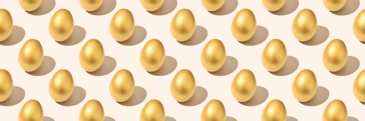 Easter eggs banner. Luxury golden background. Seamless pattern, isometriy, pastel colors.