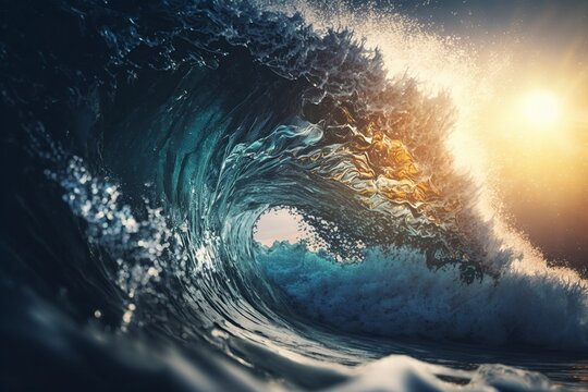 illustration, sea waves with natural light, generative ai