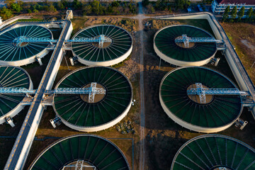 Aerial View of Drinking water treatment plant. Microbiology of drinking water production and distribution, water treatment plant. Microbiology of drinking water production. Morning scene,