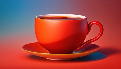 Fototapeta premium a cup of tea on a saucer on a red and blue background with a shadow of a cup of tea on the saucer. generative ai
