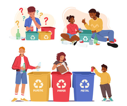 Set of Children Sorting Waste. Girl and Boy Characters Sorting Through Garbage In A Responsible And Eco-friendly Manner