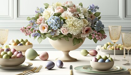  a vase filled with lots of flowers next to eggs on a table with plates and glasses on it and a plate with eggs on it.  generative ai