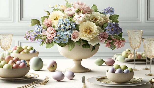  a vase filled with flowers and eggs on top of a table next to other plates and glasses and utensils on a white table.  generative ai
