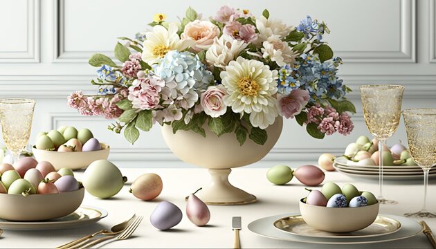  a table with a vase of flowers and eggs on it and a plate with a fork and knife on the side of the table and a plate with a plate with a vase of flowers and eggs on it.  generative ai