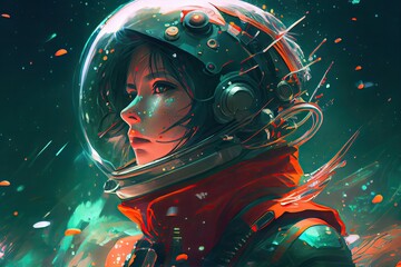 Anime illustration of a floating astronaut frozen in a transparent chamber. Generative AI.