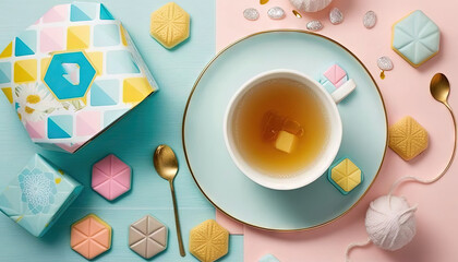  a cup of tea next to a box of cookies and a spoon on a table with a box of cookies and a teabag on it.  generative ai