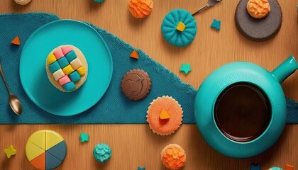  a table topped with a blue plate and cup of coffee next to a blue teapot filled with cookies and cupcakes on top of blue napkin.  generative ai