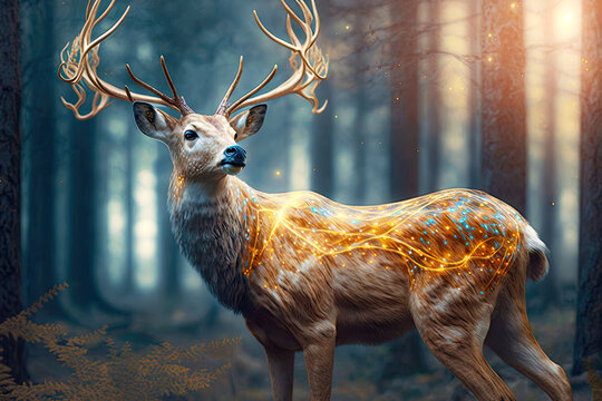 magical deer in nature with gold horns and white spots on body against background of forest, generative ai