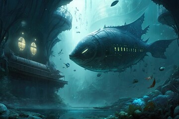 Fototapeta na wymiar Futuristic cyberpunk illustration of under water city with mechanical fish, ai