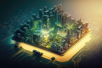 Fototapeta premium Futuristic cyberspace concept smart city on circuit board green, ai
