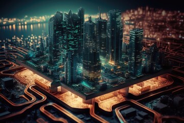Futuristic cyberspace concept smart city on circuit board orange, ai