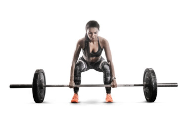 Fototapeta na wymiar Sport. Muscular women lifting deadlift in the gym with barbell. Sports transparent buckground.