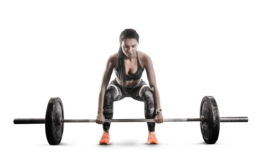 Sport. Muscular women lifting deadlift in the gym with barbell.  Sports transparent background.