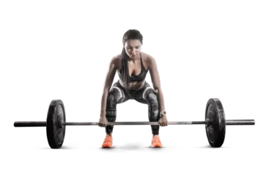 Foto auf Acrylglas Fitness Sport. Muscular women lifting deadlift in the gym with barbell.  Sports transparent buckground.