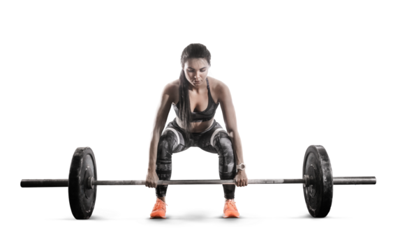 Sport. Muscular women lifting deadlift in the gym with barbell.  Sports transparent background.