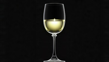  a glass of white wine on a black background with a reflection of the wine in the wine glass and the wine glass is half empty.  generative ai