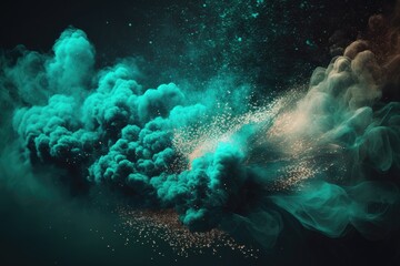 teal smoke with shiny glitter particles abstract background