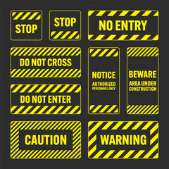 Various yellow warning signs with diagonal lines. Attention, danger or caution sign, construction site signage. Realistic notice signboard, warning banner, road shield. Vector illustration