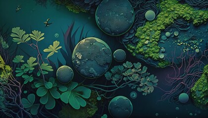 Obraz na płótnie Canvas a painting of water and plants with a butterfly flying over it in the sky above the water is a dark blue background with green plants and water. generative ai