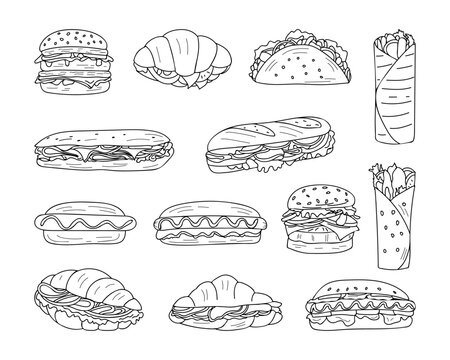 Fast food doodle icons collection in vector. Hand drawn fast food illustrations set