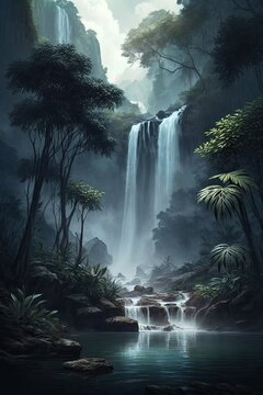 Fototapeta Waterfall forest nature tropical background jungle wallpaper