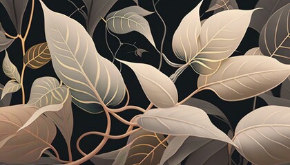  a painting of leaves on a black background with gold foil on the edges of the leaves and the stem of the plant in the foreground.  generative ai