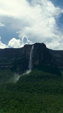 Vertical aerial view of beautiful Angel waterfall. A huge flow of water falls from the mountain. The tallest uninterrupted waterfall in the world. Canaima National Park, Venezuela