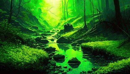  a painting of a stream running through a forest filled with rocks and grass, with a bright green light shining through the trees above it.  generative ai
