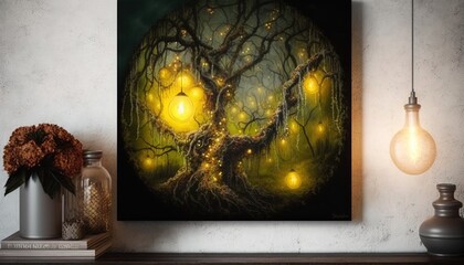 a painting of a tree with glowing lights in the dark forest with a vase of flowers on the side of the table and a lamp on the wall.  generative ai